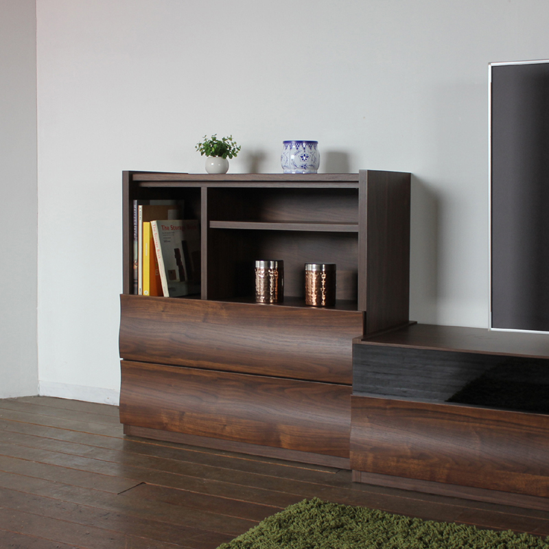 リビングチェスト  本棚 テレビ台 ハイタイプ 幅80cm ブラウン ウォールナット柄 波型デザイン 国産 日本製 硬質紙 北欧モダン OC |  | 09