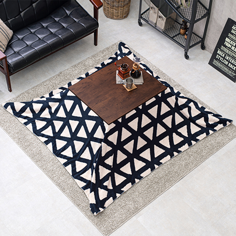 こたつテーブル+こたつ布団 2点セット 75×60cm ネイビー 三角柄 ふとん 保温機能付 ダークブラウン色 古木調天板 継脚 アテナ-スロウの画像