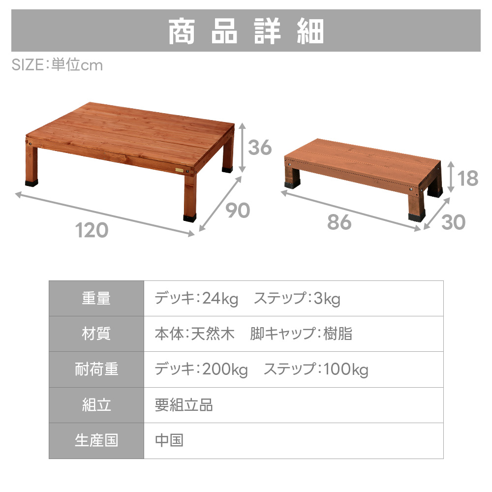 ウッドデッキ ウッドステップ 2点セット 幅120cm 天然木 簡単組立 縁台 庭 ベランダ DIY おしゃれ 段差解消 玄関 倉出し_12