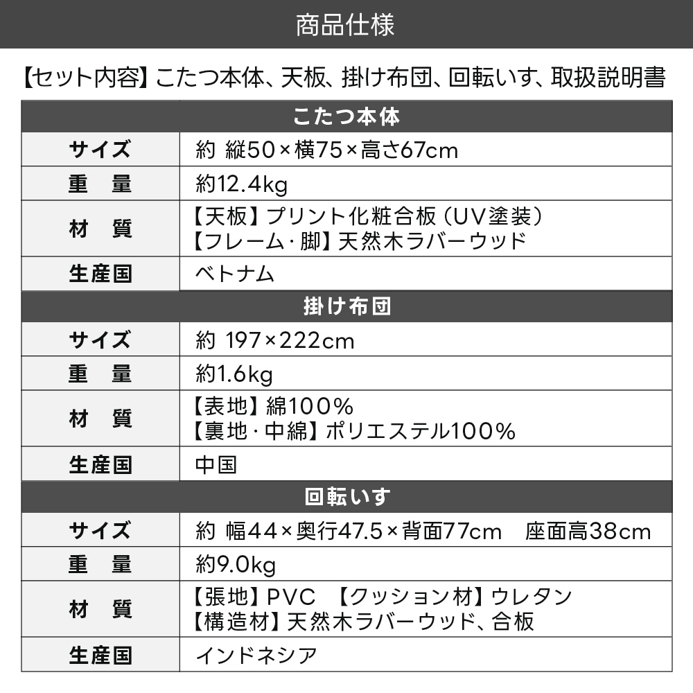 デスクこたつ 掛け布団＆いすセット 3点 50×75cm 1人用 暖房 ハイ