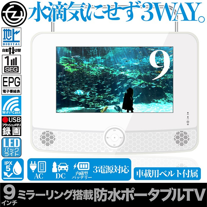 ポータブルテレビ 9インチ 防水IPX5 Wi-Fi Miracast 画面ミラーリング対応 地デジ録画機能搭載 3WAY 3電源対応  車載用バッグ付属 : f-ot-wpt90ak : 立花洋品店 - 通販 - Yahoo!ショッピング