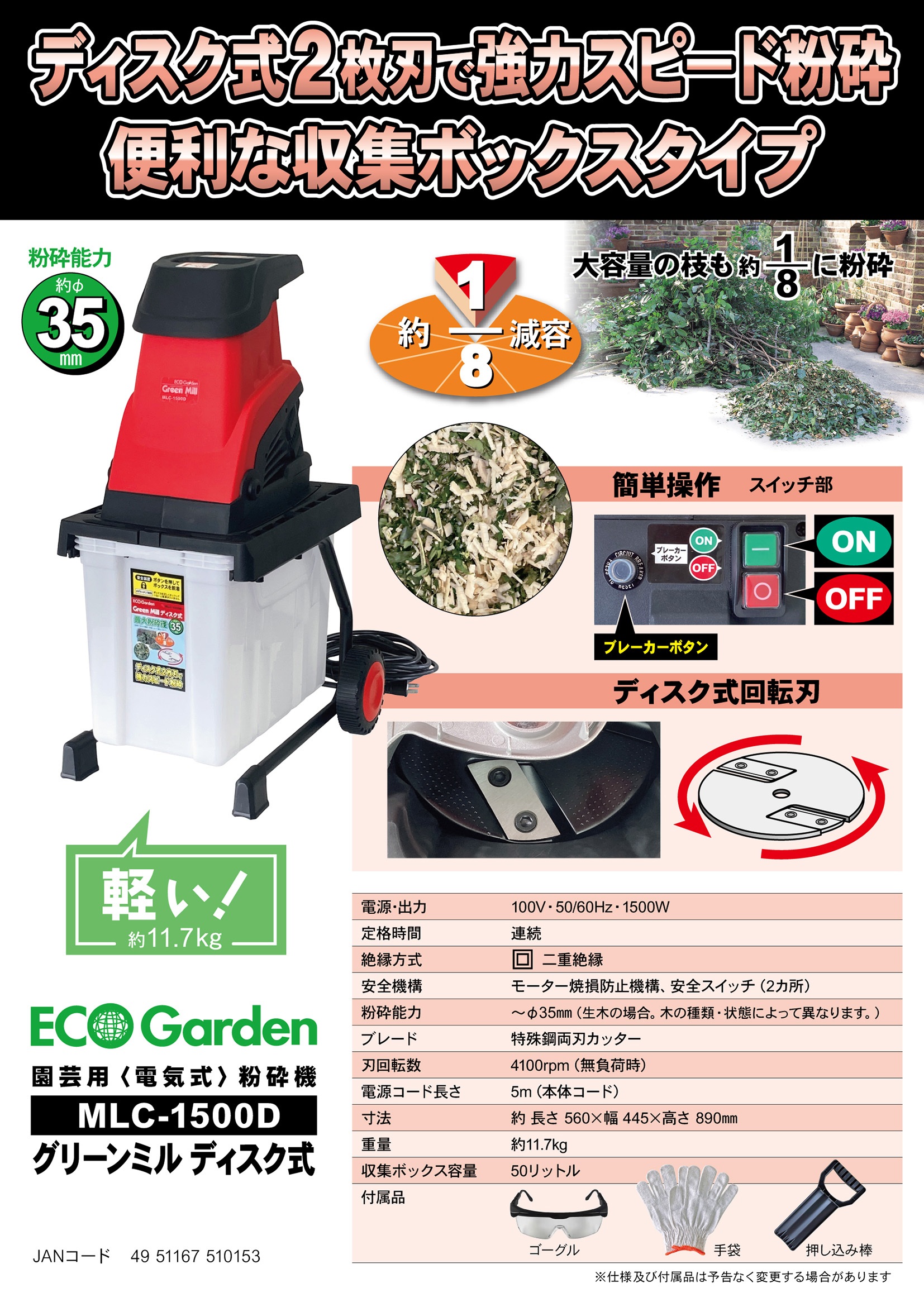 キンボシ グリーンミル ディスク式 MLC-1500D (園芸用電気式粉砕機