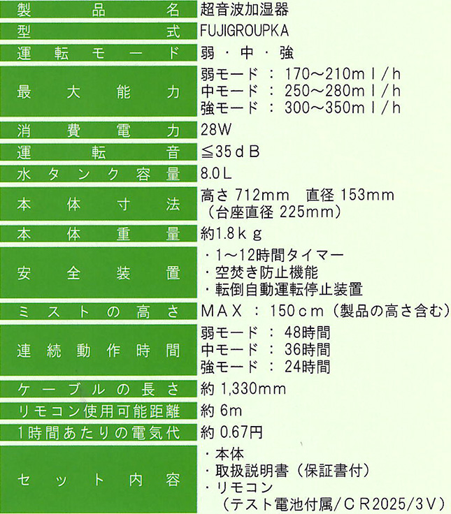 超音波加湿器 タンク容量8L リモコン付き 富士製砥 加湿機 : ザ