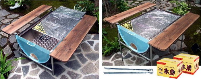 ドラム缶バーベキューコンロ Fセット (焼網50×80cm、木炭2箱、皿置き板