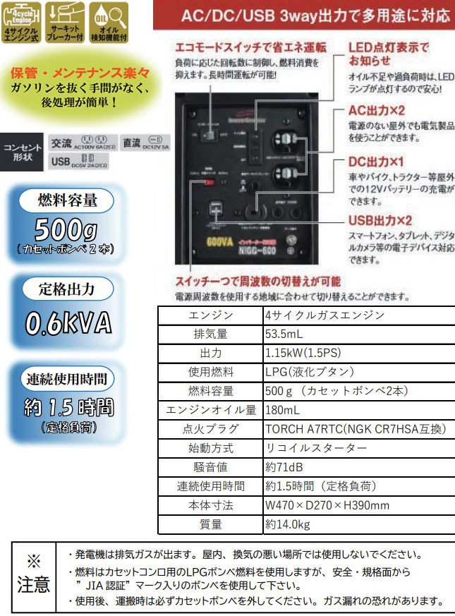 カセットボンベ式 インバーター発電機 PEG-600iB 定格出力0.6kVA