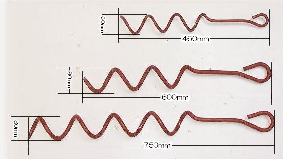 (10本セット) ラセン杭 長尺 φ13×750mm 赤錆止め塗装 らせん杭 (ビニールハウス、パイプ倉庫の固定に) 螺旋杭 日本製