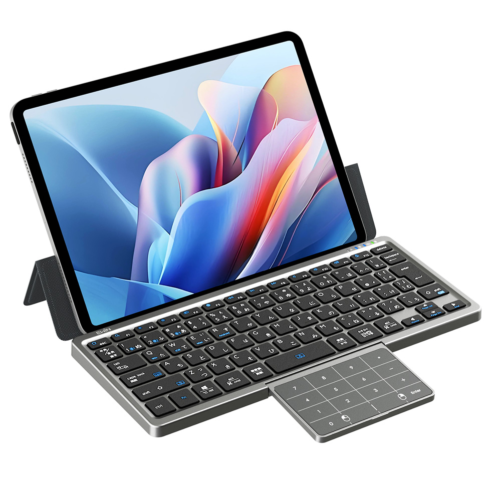 キーボード Bluetooth タッチパッド収納可能 折りたたみ キーボード 標準日本語配列 ワイヤレスキーボード カバースタンド付き テンキー搭載 3台同時接続 |  | 01