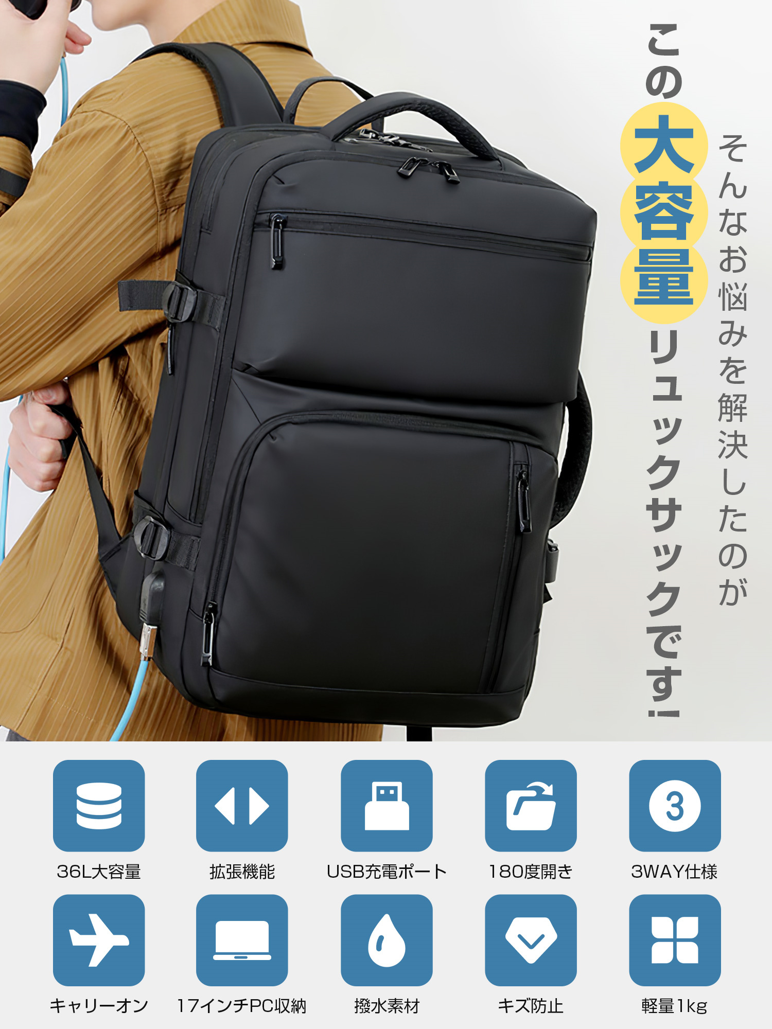 圧縮バックパック／リュックサック/キャリーケース／旅行バッグ／大容量 拡張できる リュック メンズ 大容量36L ビジネスバッグ 3Way リュック