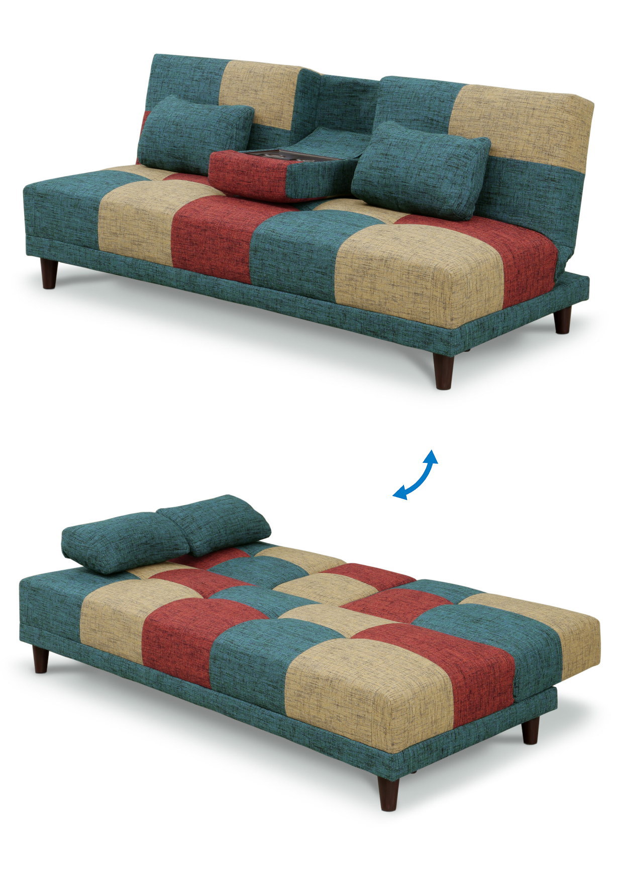 ソファーベッド　小テーブル付き　パッチワーク柄　グレーMIX　ソファ　新品 ソファーベット ソファーベッド ソファベッド パッチワーク 市松模様