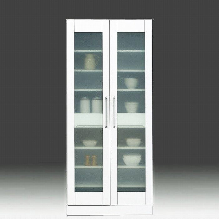食器棚 完成品 幅80cm 収納 鏡面 ホワイト 白 カップボード ガラス扉 モダン