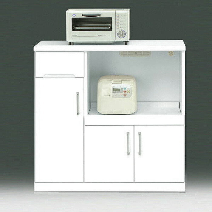 キッチンカウンター レンジ台 幅90cm 完成品 レンジボード 白 鏡面 光沢 キッチン収納の画像
