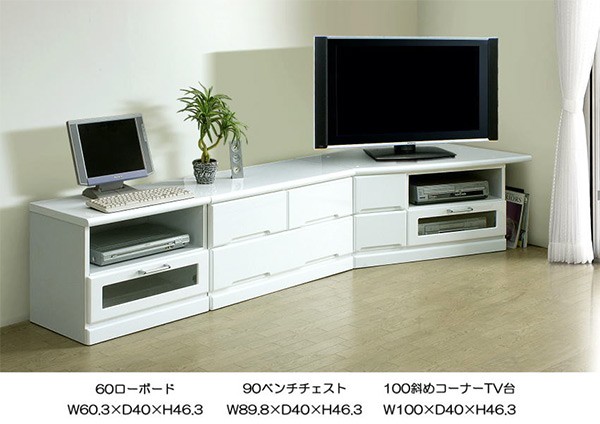 コーナーテレビ台 リビングボード 幅100cm 完成品 ローボード 鏡面 光沢 ホワイト 白 収納 木製 テレビボード