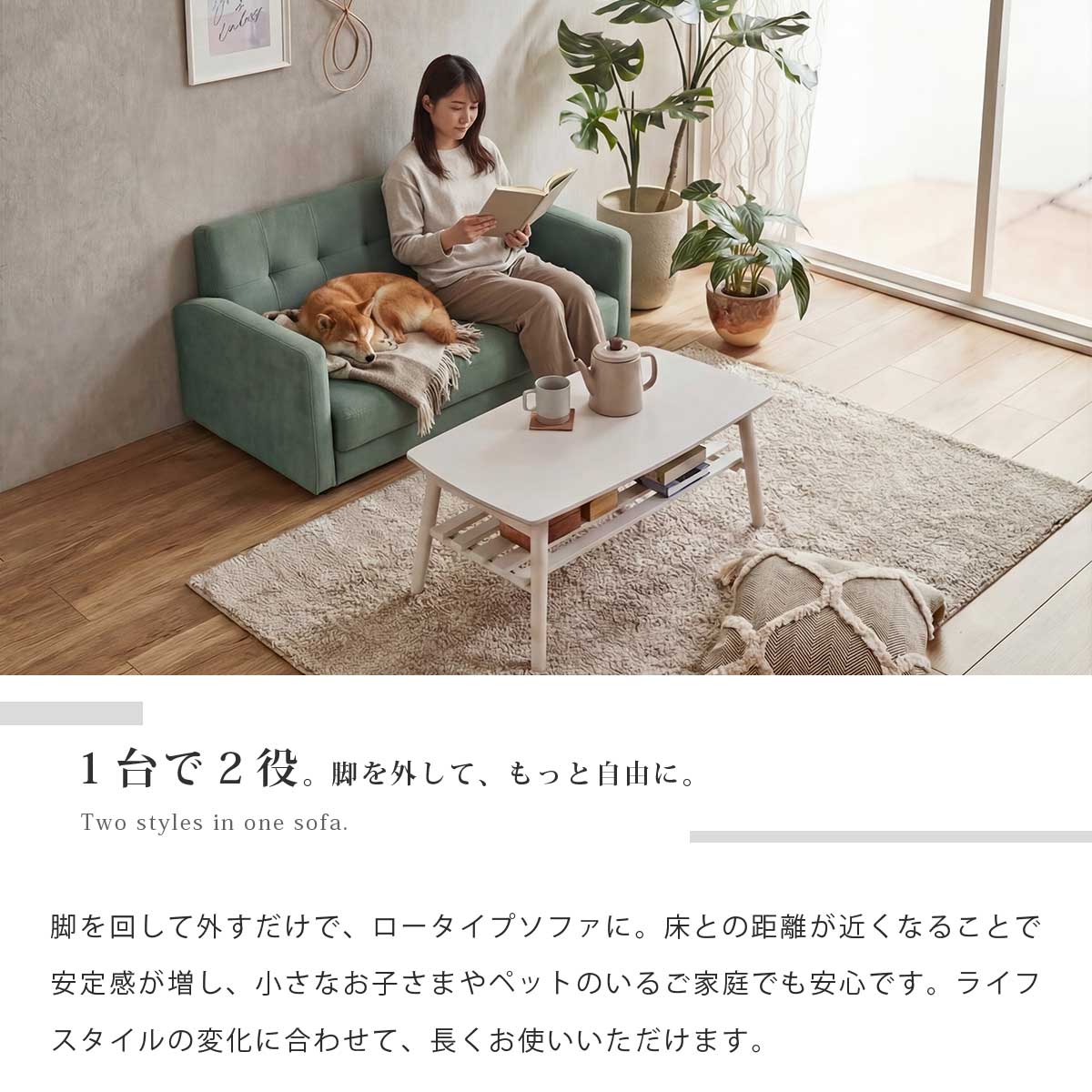 ソファ 2人掛け コンパクト 幅120cm ファブリック 脚取り外し可能 ロー