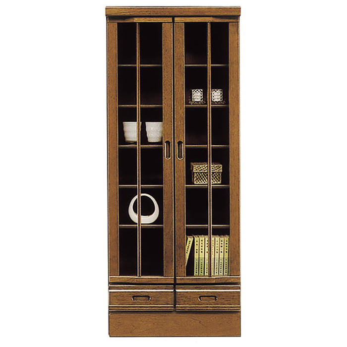本棚 リビング収納 書棚 完成品 幅60cm 木製 ガラス扉付き 和風モダン ●ブラウン｜taiho-kagu