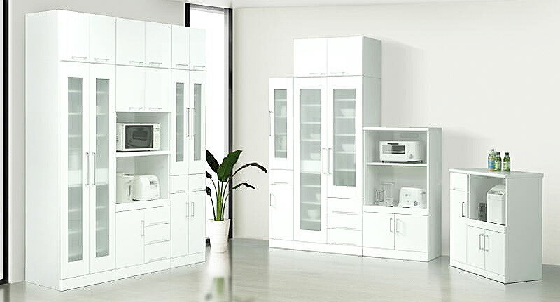 食器棚 完成品 幅80cm 収納 鏡面 ホワイト 白 カップボード ガラス扉 