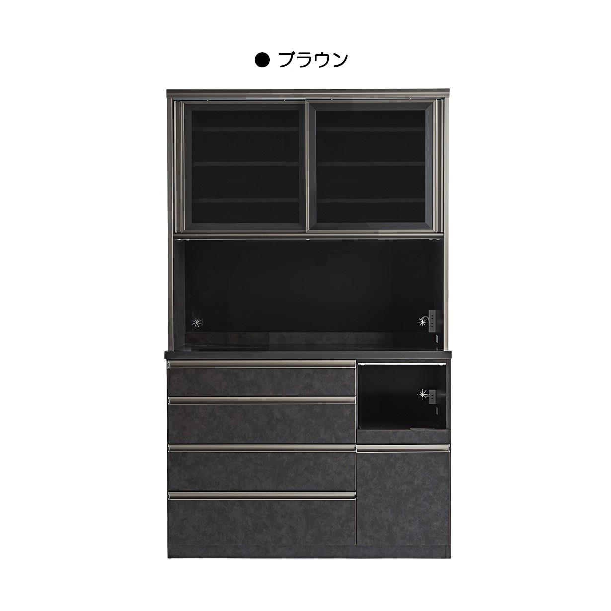 キッチンボード 食器棚 日本製 幅120 大容量 モダン アルミフレーム 引戸 飛散防止 ソフトクローズ ヘティヒ モイス コンセント付 レンジ台_2