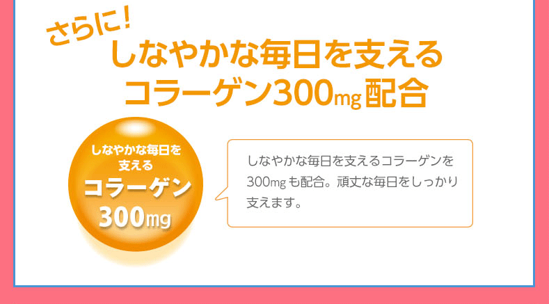 しなやかな毎日に役立つコラーゲンを300mgも配合。頑丈な毎日をしっかり支えます。