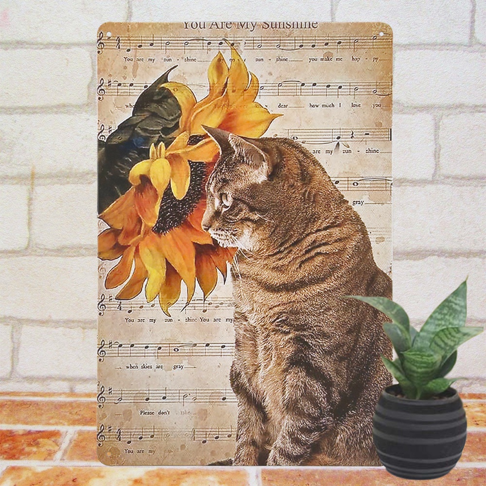 ブリキ看板 s 猫 ひまわり 向日葵 ねこ 雑貨 グッズ 看板 花 イラスト