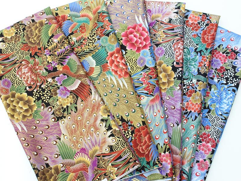 開花シリーズ 金彩銀彩孔雀に花文様 全6色 110cm幅 10cm単位