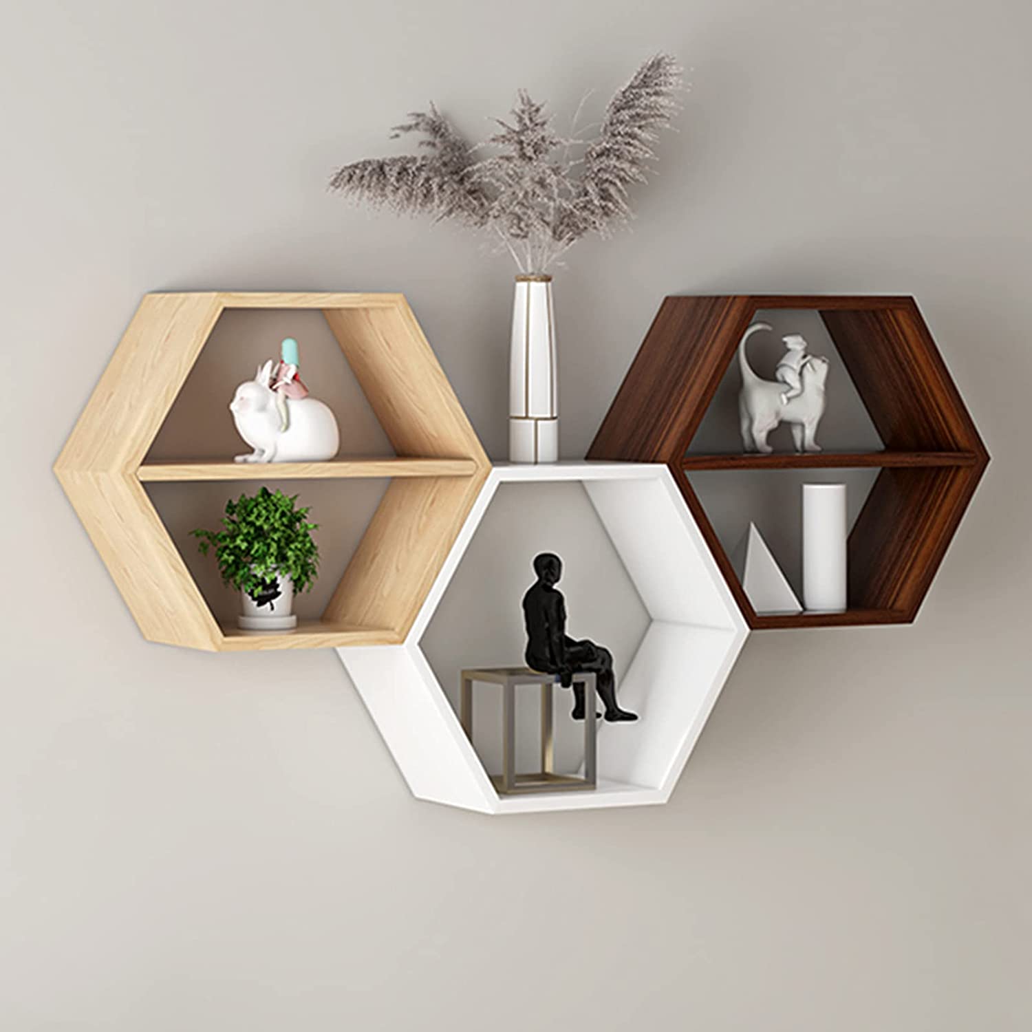 3つの木製六角形フローティングウォールシェルフのセット-装飾的な