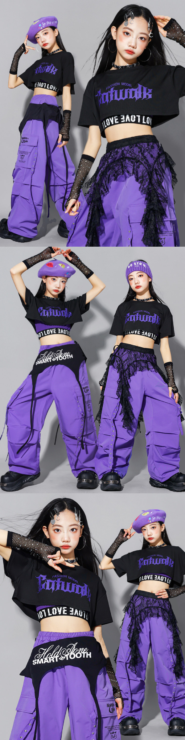 黒紫パープルブラックレースフリルベレー帽へそ出し女の子用 ロング