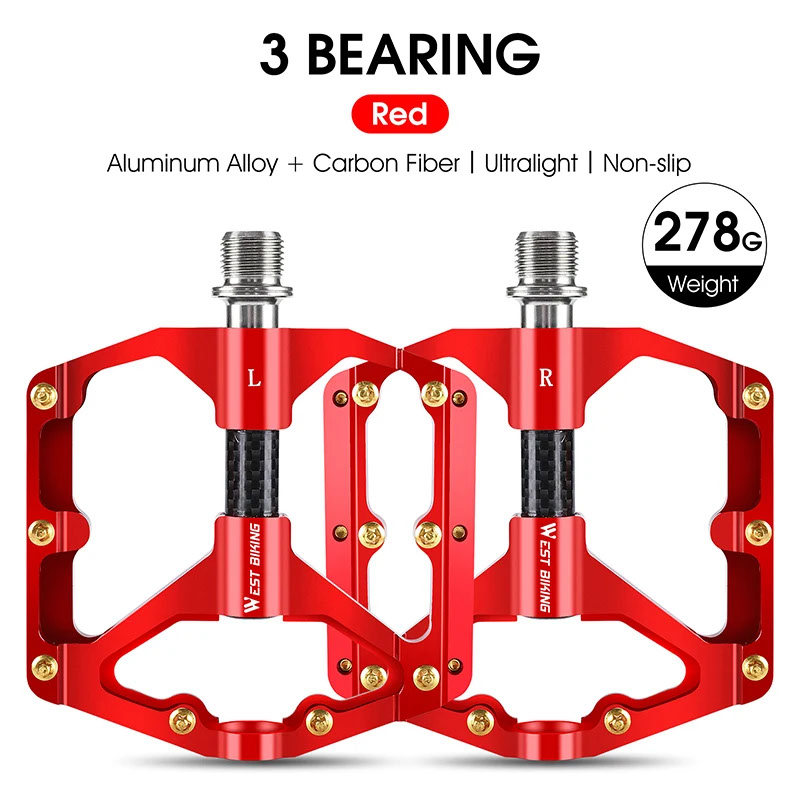 WEST BIKING-超軽さロードバイクペダル 3ベアリング 炭素 がら明きペダル 上滑り打ちきり サイクリングアクセサリー