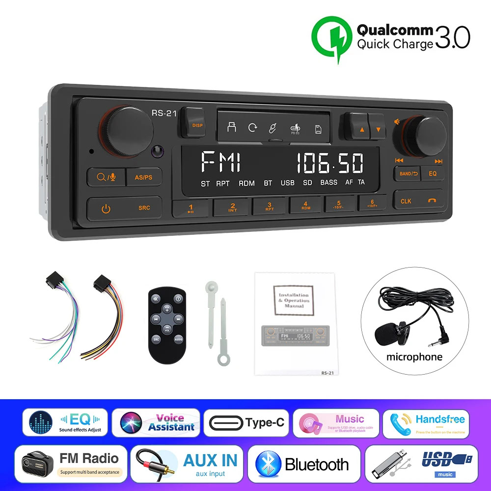 1DINレトロカーステレオMP3プレーヤー Bluetooth FM/AM/RDS対応 QC3.0