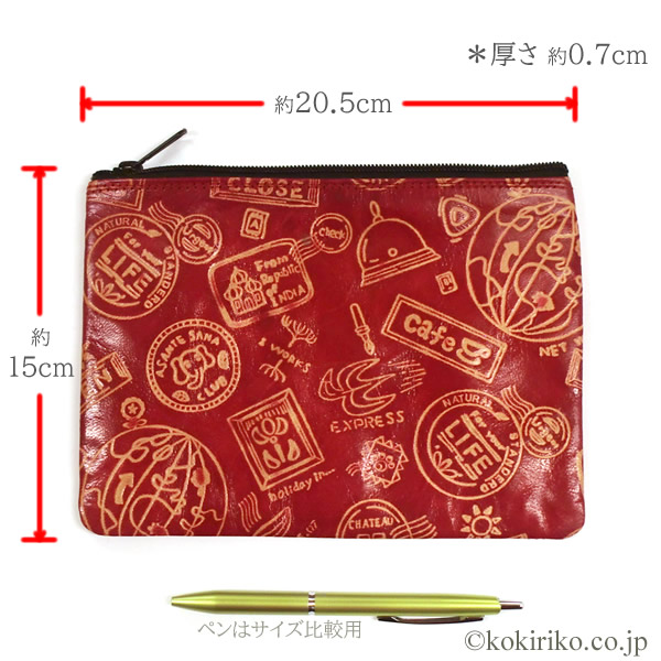 ヤギ革「薄型ポーチ」赤／スタンプ柄（インドの山羊革工芸：シャンティ