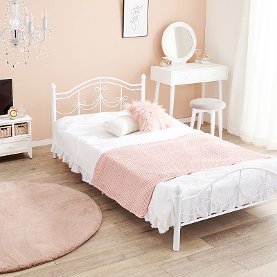 送料無料 シングルベッド かわいい 姫系 白 プリンセス 高さ調整