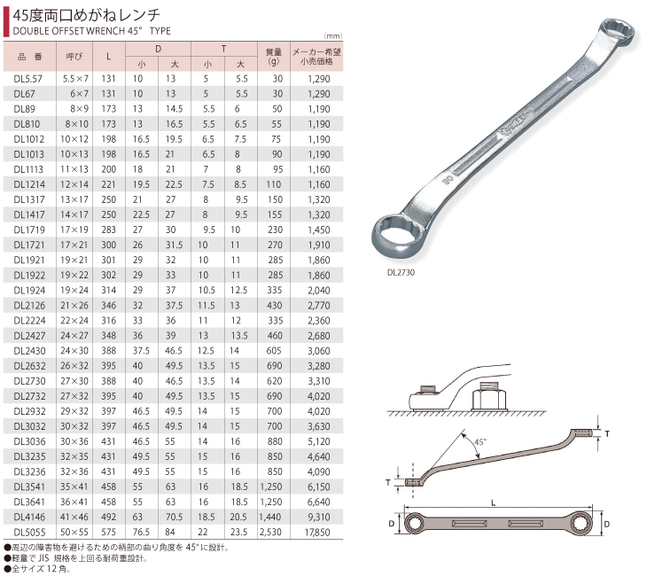 スーパーツール 45度両口めがねレンチ DL1113 サイズ:11x13 長 スーパーツール 45度両口めがねレンチ DL1113 サイズ:11x13 長
