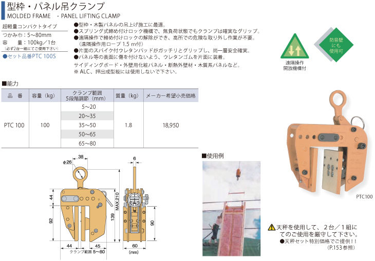 スーパーツール 型枠・パネル吊クランプ PTC100 容量(kg)：100 