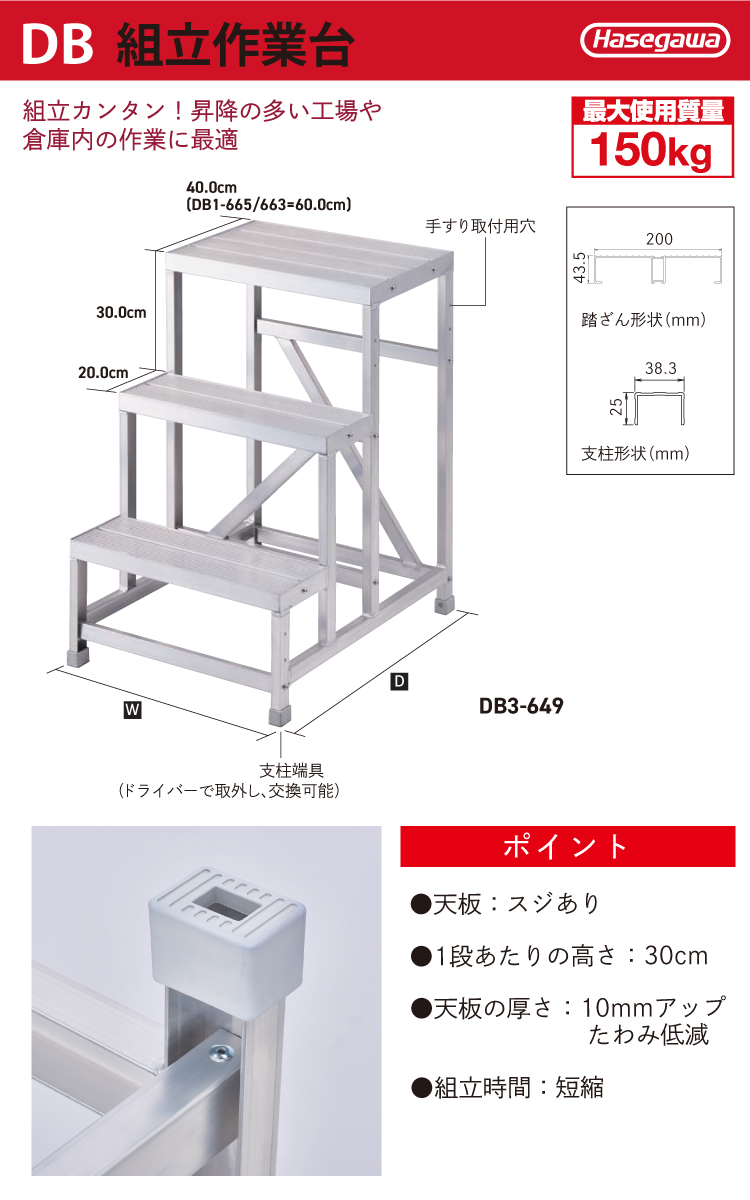 長谷川工業 (配送先法人限定) 組立作業台 DB2-547 2段 スジ有 天板高さ