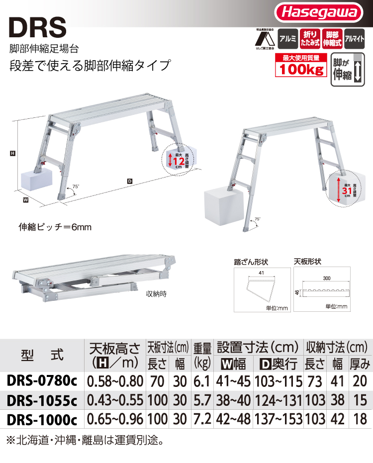 長谷川工業 脚伸縮足場台 DRS-1055c 天板高さ43cm〜55cm 天板100×30cm