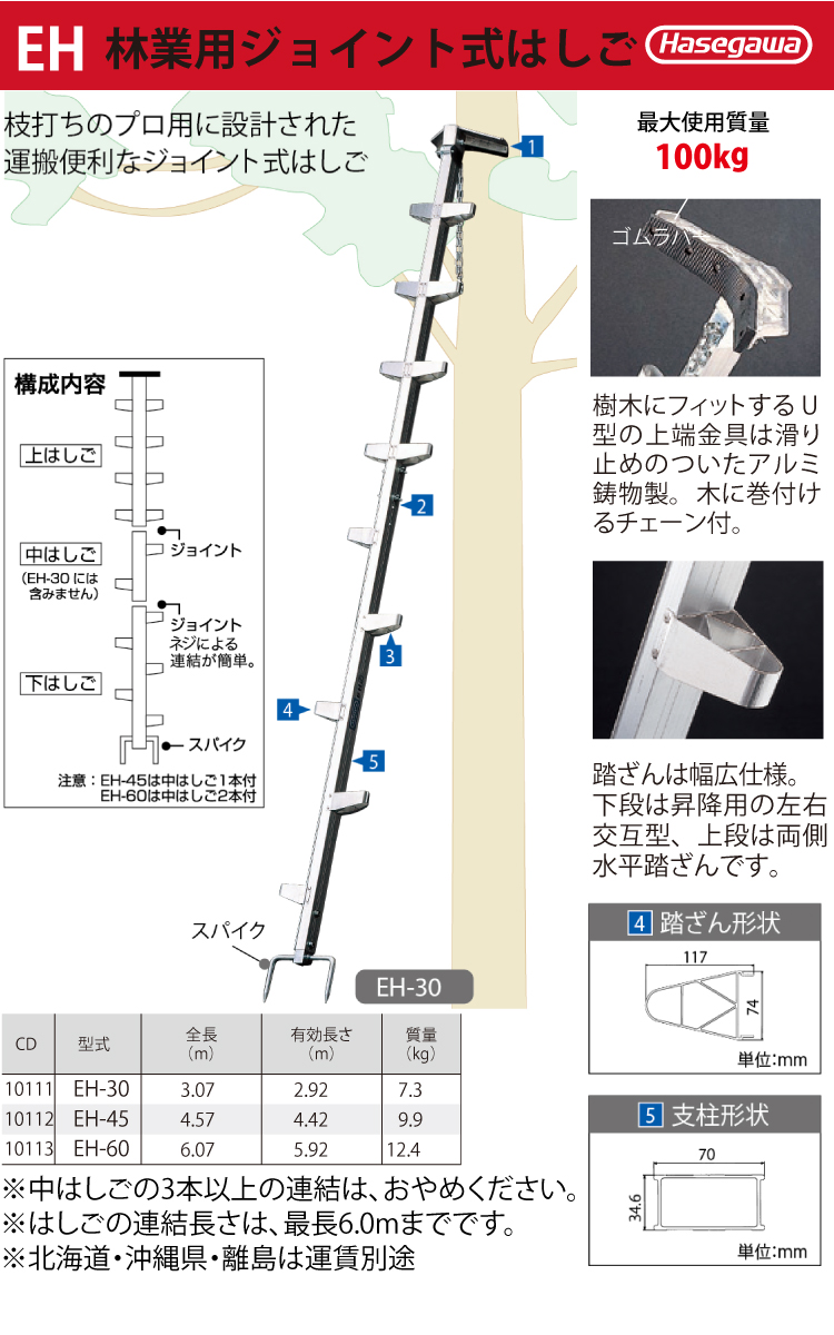 長谷川工業 (配送先法人限定) 枝打はしご EH-30 全長：3.07m 質量：7.3