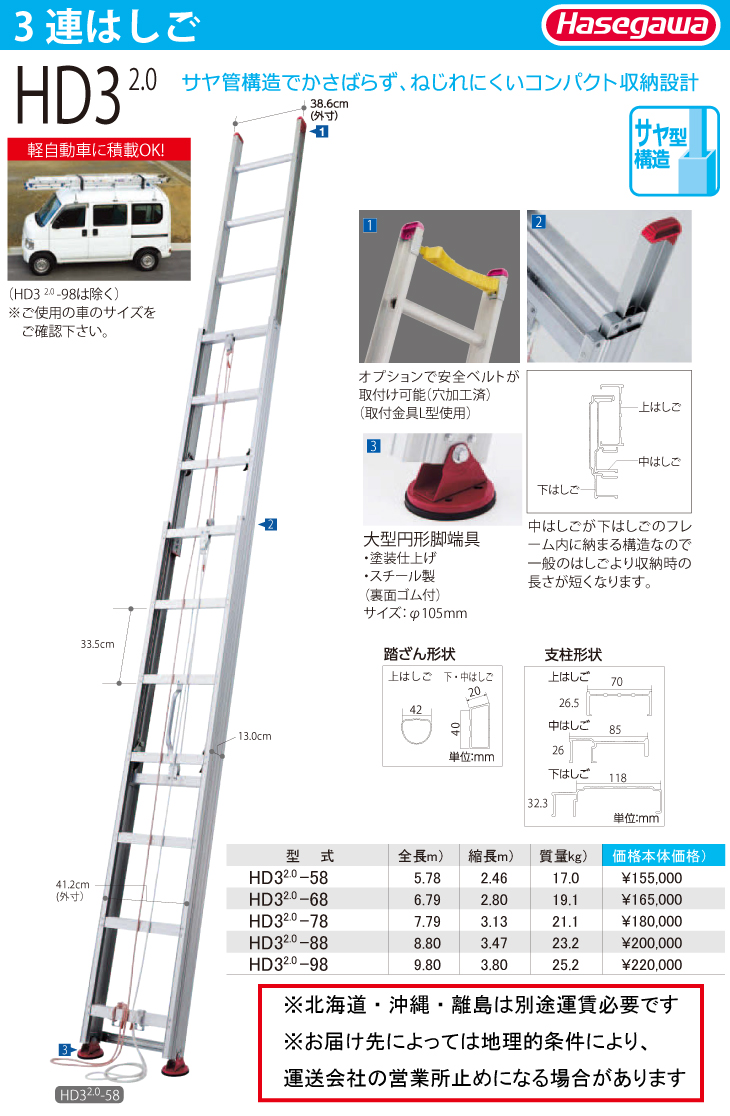 長谷川工業 (配送先法人限定) ３連はしご HD3 2.0-88 全長：8.80m 縮長