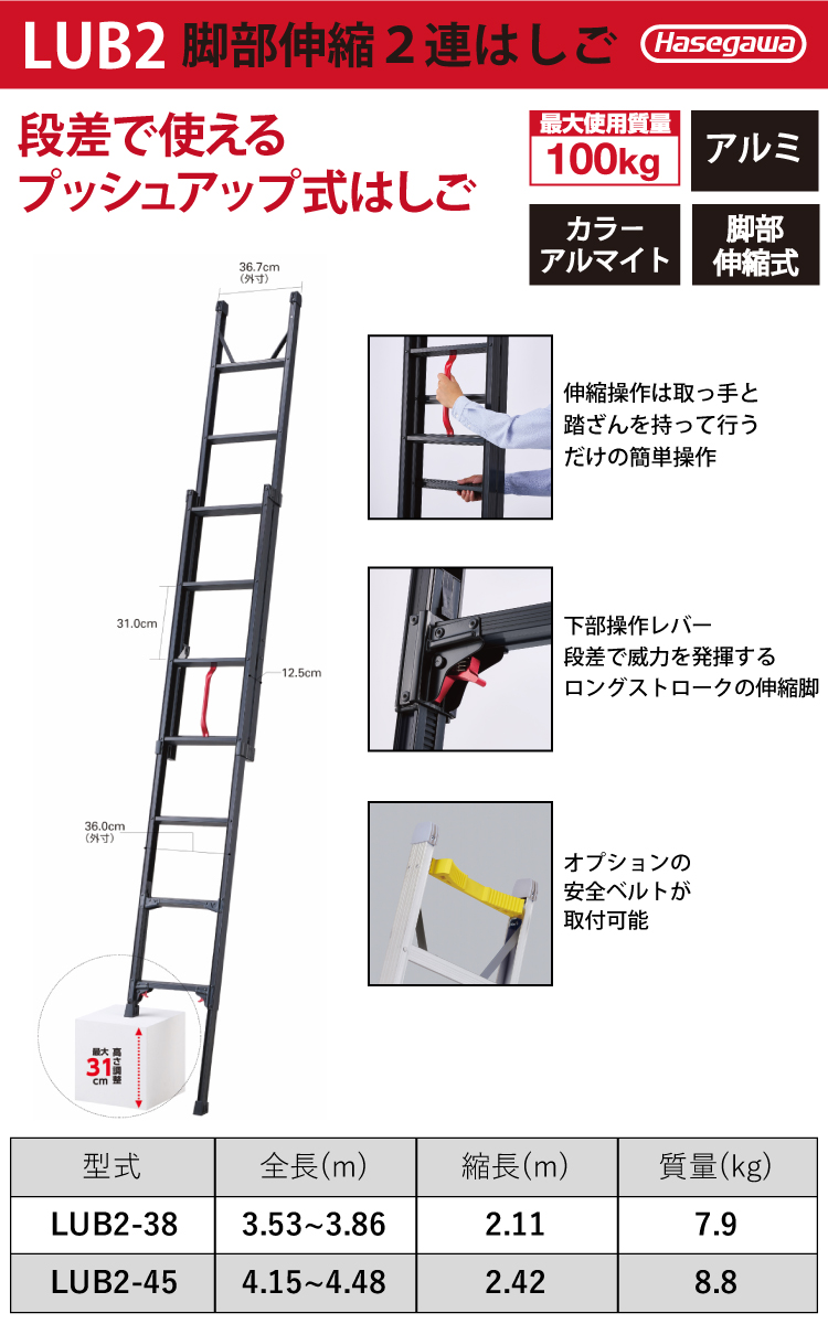 長谷川工業 (配送先法人限定) プッシュアップ式 脚部伸縮 2連はしご 