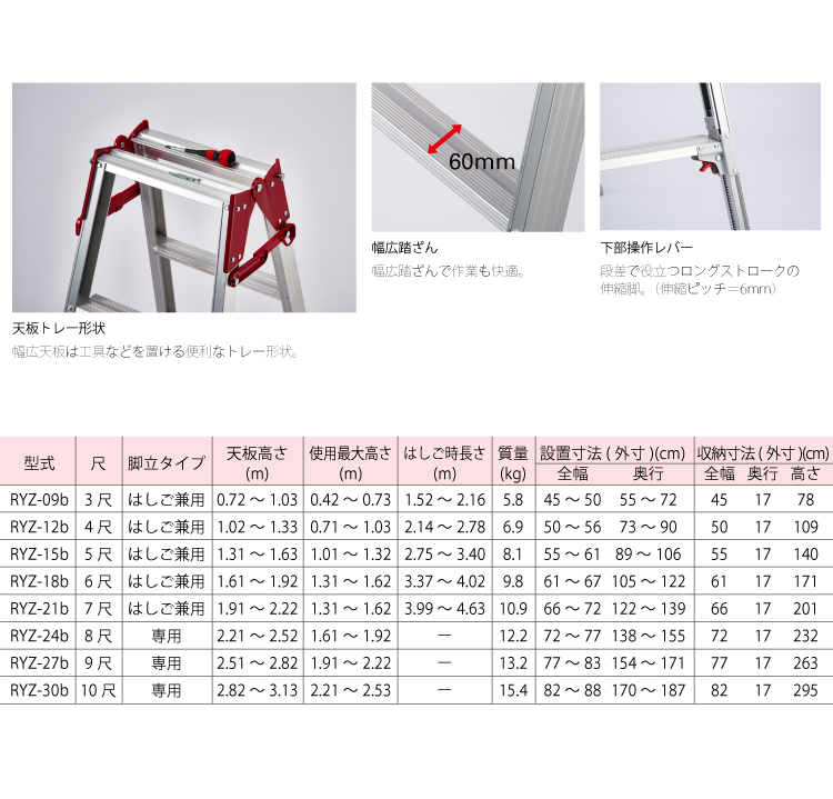 長谷川工業 専用伸縮脚立 RYZ-27b 9尺 脚部伸縮式（高さ調整最大31cm） 天板高さ：2.51〜2.82m シルバー ハセガワ