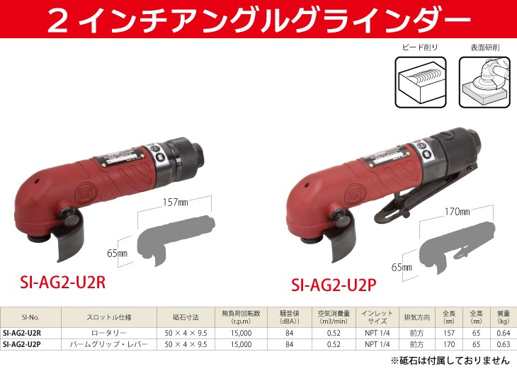 信濃機販　2インチアングルグラインダー SI-AG2-U2R　全長：157mm 質量：0.64kg