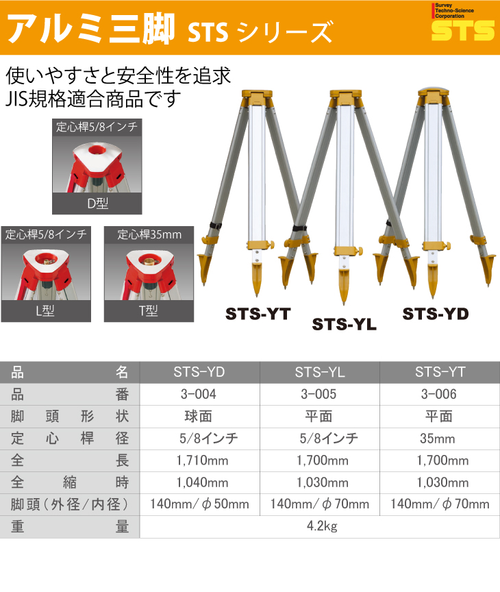 STS アルミ三脚 STS-YT 脚頭形状：平面 定心桿：35mm JIS規格適合