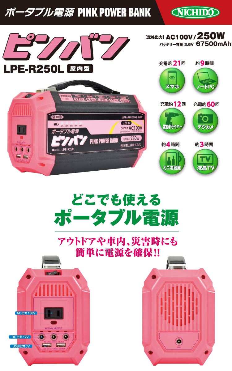 【日動工業】ポータブル電源　ピンバン 日動工業 ポータブル電源 (ピンバン) LPE-R250L スマホ充電約21