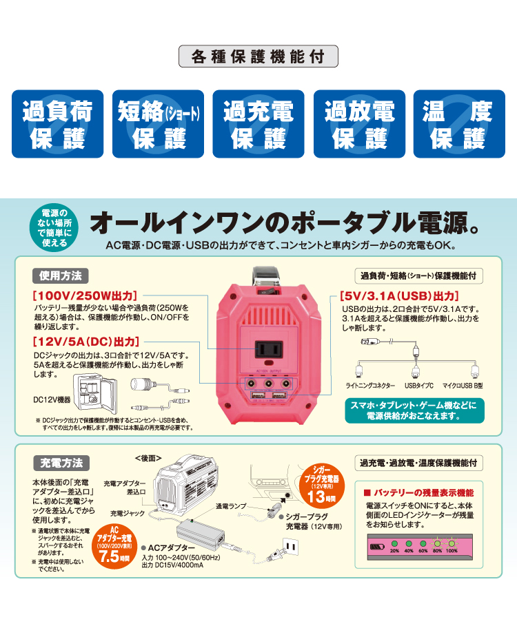 日動工業 ポータブル電源 (ピンバン) LPE-R250L スマホ充電約21