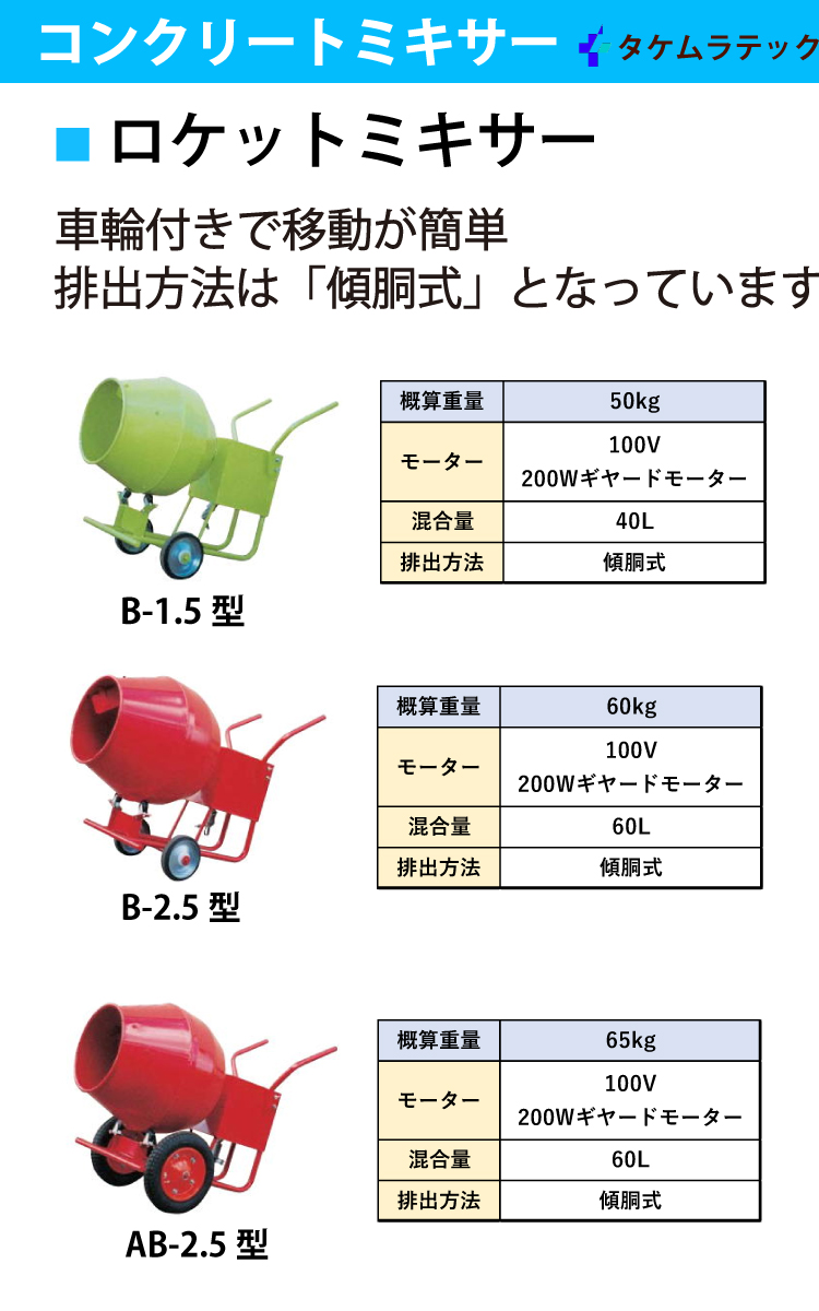 タケムラテック (配送先法人様限定) コンクリートミキサー B-1.5型 ロケットミキサー 混合量:40L 動力:100V 200W ギヤードモーター  : t25-b-1-5 : 機械と工具のテイクトップ - 通販 - Yahoo!ショッピング