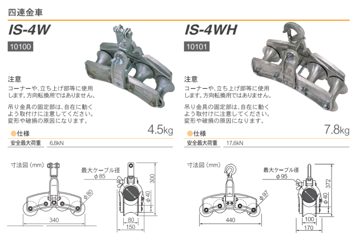 育良精機 (配送先法人様限定) 四連金車 IS-4W 安全最大荷重6.8kN : t42