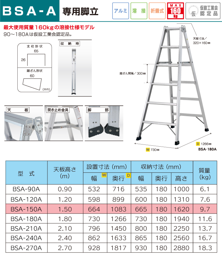 アルインコ 専用脚立 BSA150A 天板高さ(m)：1.5 使用質量(kg)：160