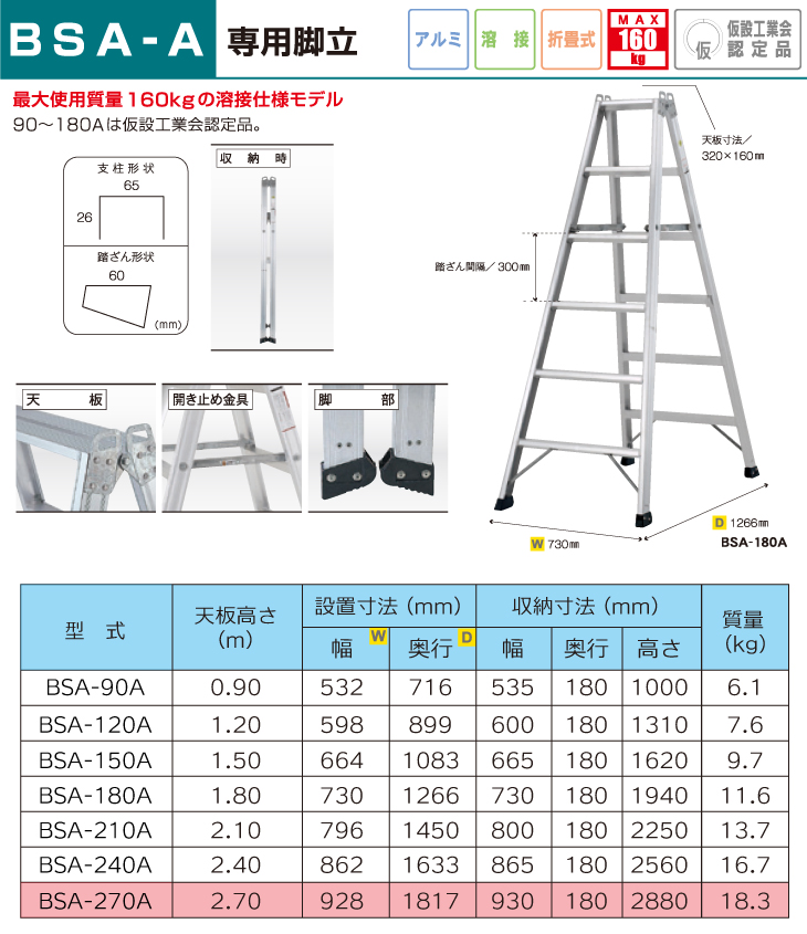 アルインコ BSA270A 専用脚立(仮設工業会認定品)【法人限定、北海道