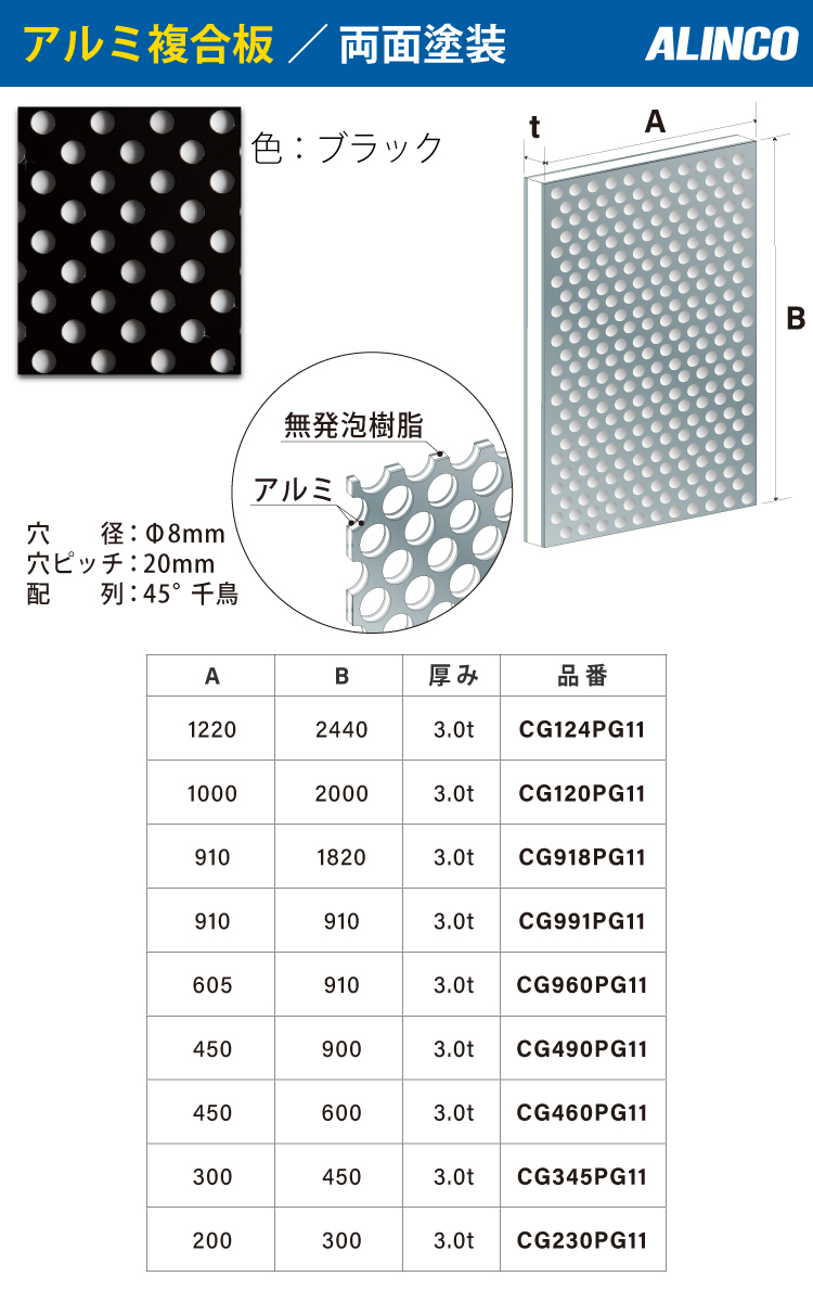 アルインコ アルミ複合板 ブラック パンチング 両面塗装 910×1820 厚み3.0t
