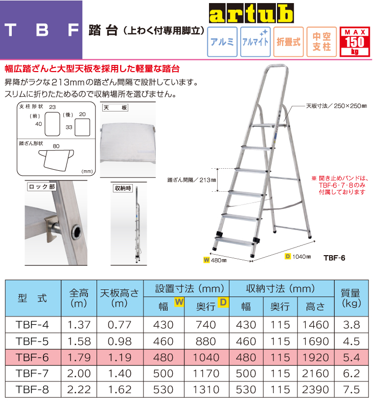 アルインコ 踏台(上わく付専用脚立) TBF6 天板高さ(m)：1.19 使用質量