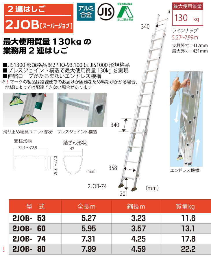 ピカ/Pica 2連はしご スーパージョブ 2JOB-80A 最大使用質量：130kg