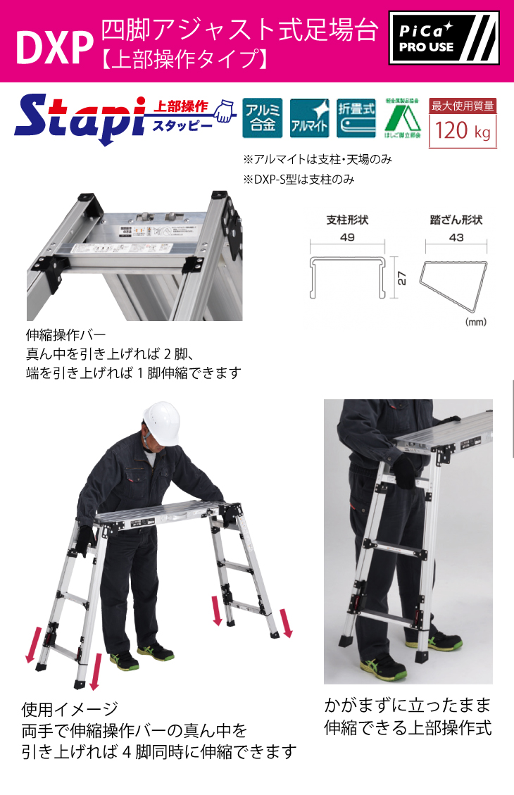 ピカ /Pica 四脚アジャスト式足場台 DXP-SX90A 上部操作タイプ 伸縮脚付 最大41cm段差対応 天板高さ：0.60〜0.91m  スタッピー : t51-dxp-sx90a : 機械と工具のテイクトップ - 通販 - Yahoo!ショッピング