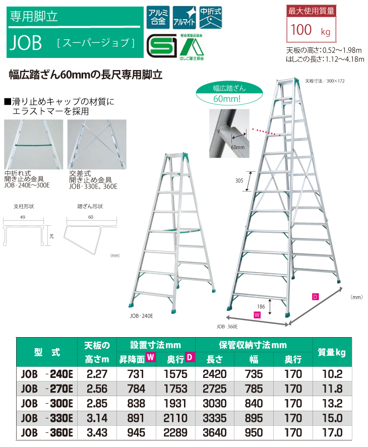 ピカ /Pica 専用脚立 スーパージョブ JOB-360E 最大使用質量：100kg 天